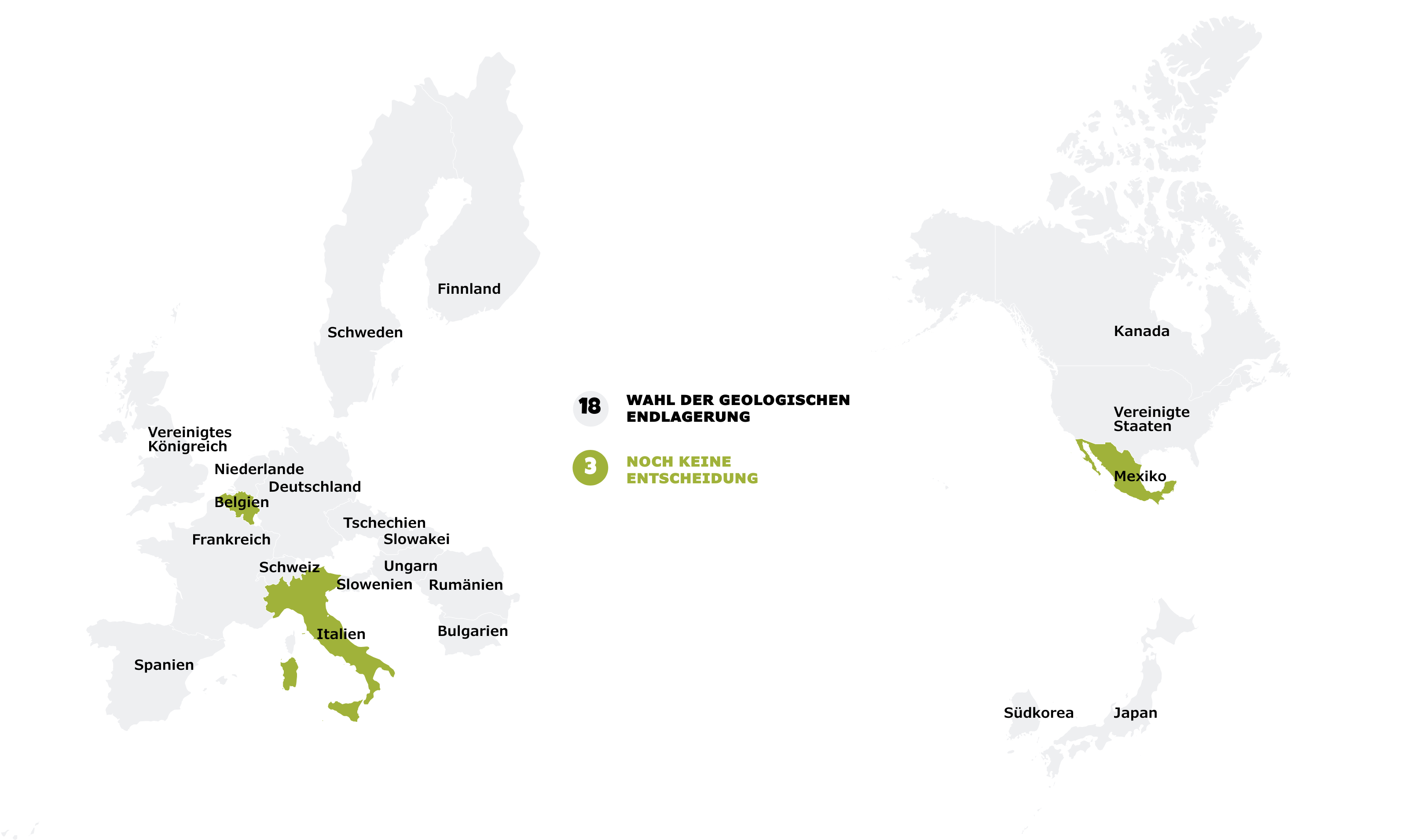 Die Länder der OECD und der EU, die im Besitz mindestens eines Kernreaktors zur Stromerzeugung sind und sich für die geologische Endlagerung entschieden haben sowie die drei Länder, die noch keine Entscheidung getroffen haben.