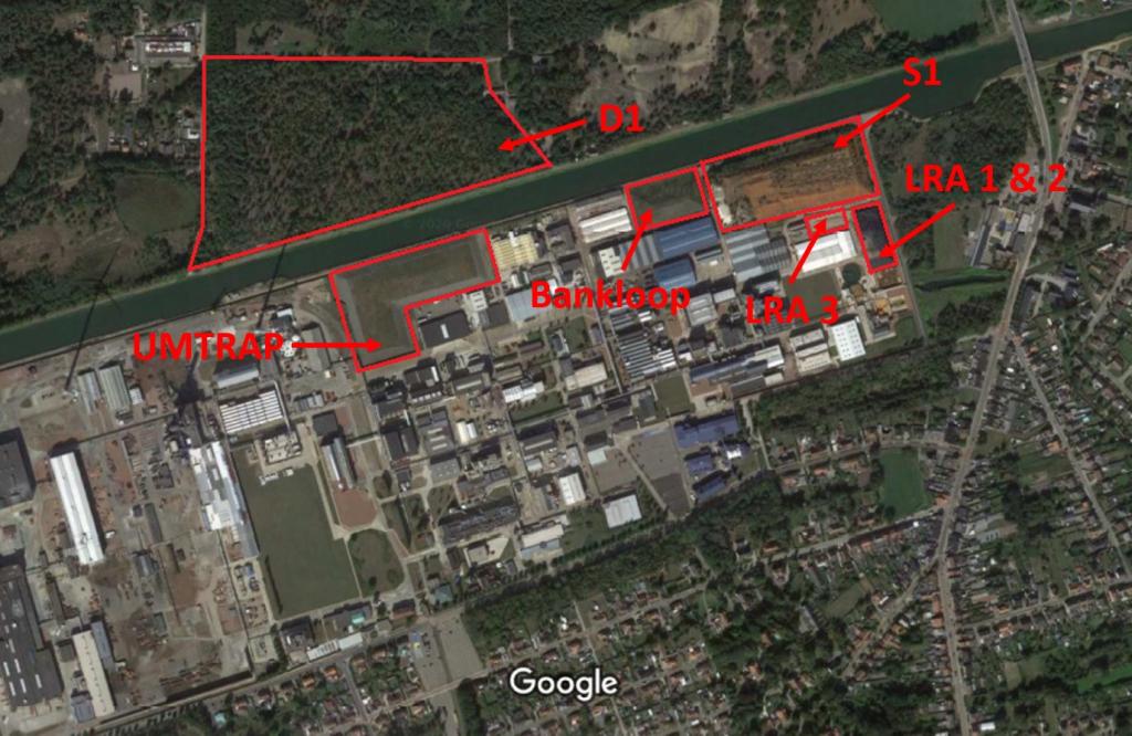 Locatie van de verschillende nucleaire installaties van klasse 2 voor de opslag van besmette grond op de site van Umicore in Olen. De stortplaatsen D1 en S1 worden ook getoond.